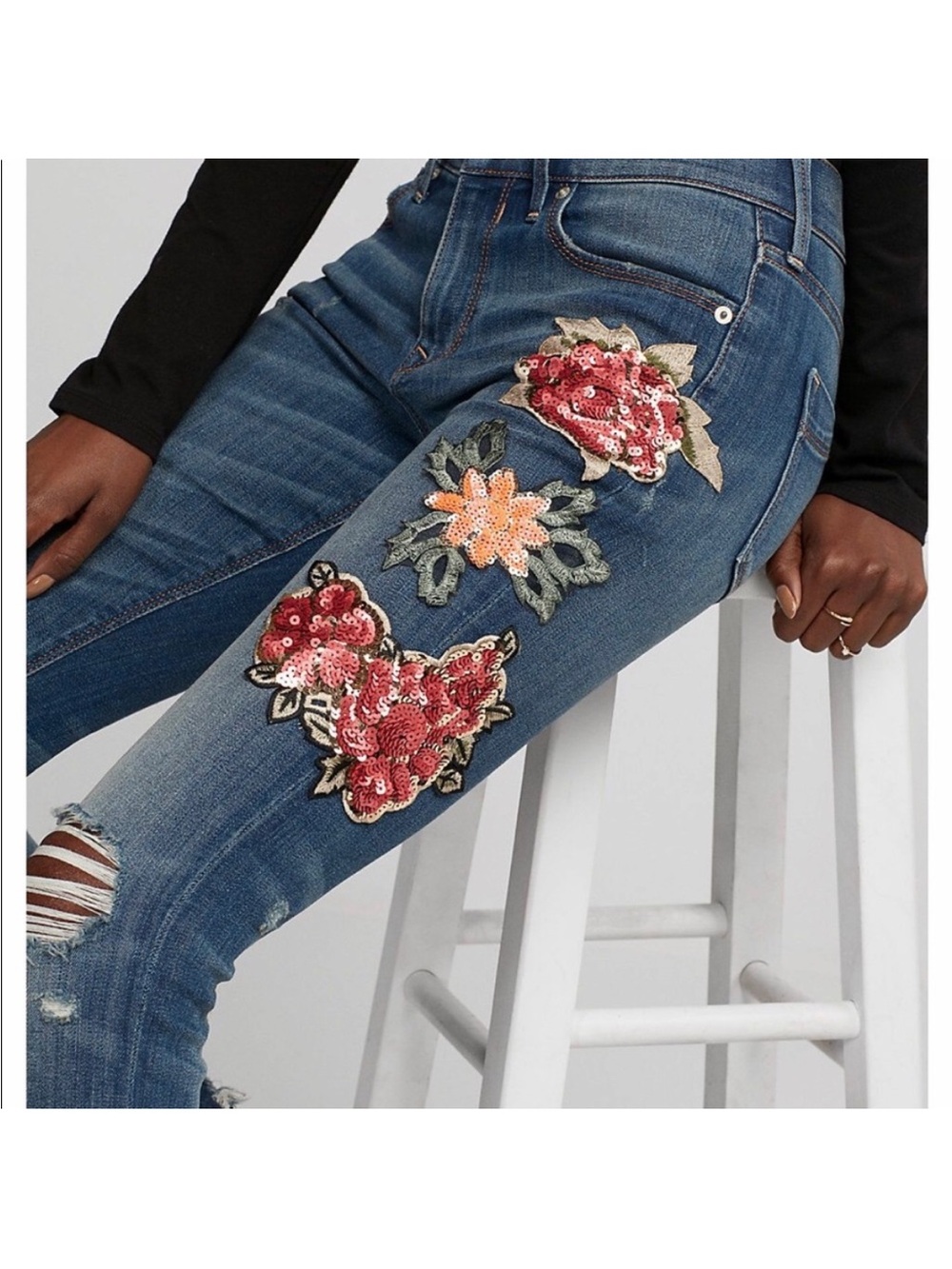 Express Jeans with sequin Floral Embroidery
